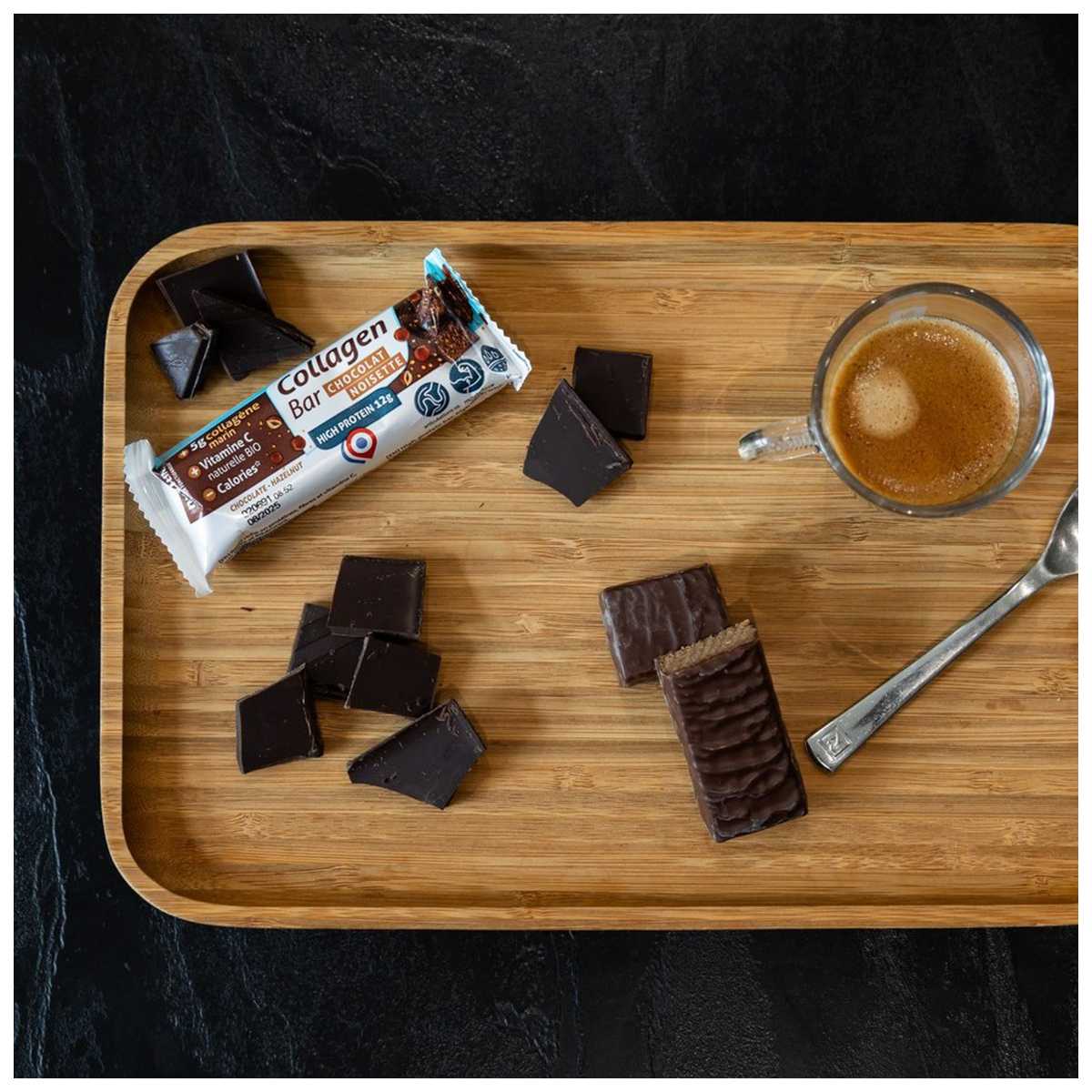 Barre collagène marin protéinée - Saveur chocolat-noisettes