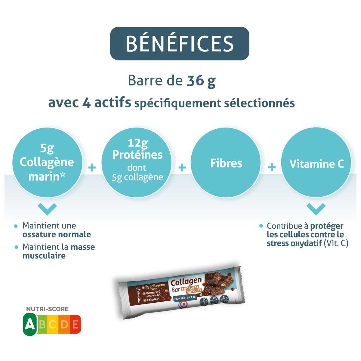 Barre collagène marin protéinée - Saveur chocolat-noisettes