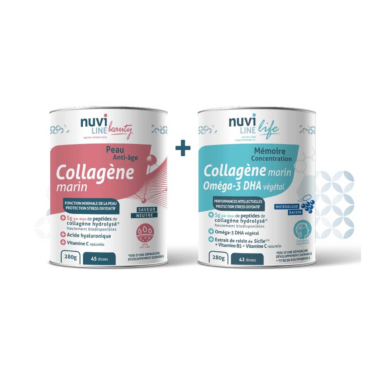 Pack Duo Anti-âge collagène marin acide hyaluronique omega-3 DHA peau cerveau nuviline